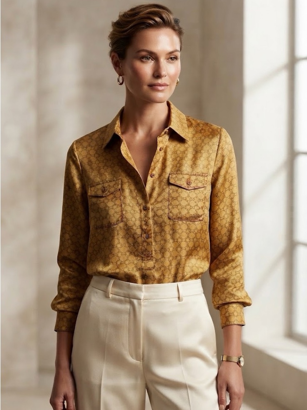 MICHAEL KORS Gold Equestrian Inspired ChainLink Print Collared Shirt Blouse